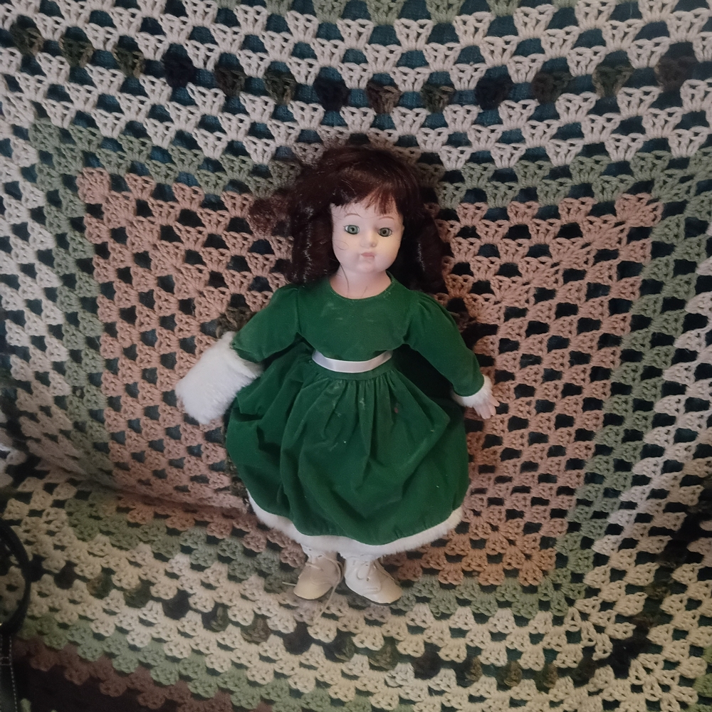 Green Dress Porcelain Doll Vintage 20"